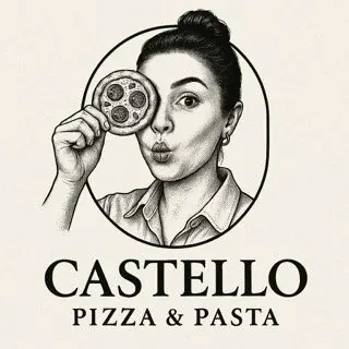 Illustrated logo of Castello Pizza & Pasta, a women-owned restaurant in Seattle, featuring a woman playfully holding a mini pizza in front of her eye.